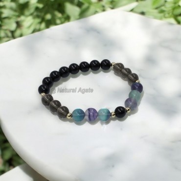 Black Tourmaline, Smokey and Fluorite Crystal Bracelets