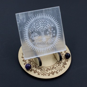 Selenite Tree of Life with OM Symbol Charging Plate Coaster (No Stand)