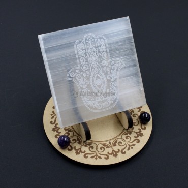 Hamsa Evil Eye Charging Selenite Plate Coaster (No Stand)