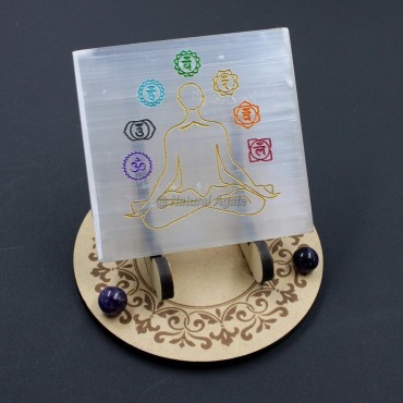 Selenite Colorful Seven Chakra Symbol Charging Plate Coaster(no stand)